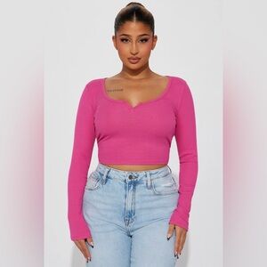 NEW Fashion Nova Agnus Long Sleeve Crop Top Shirt Rose Pink Medium V-Neck Button